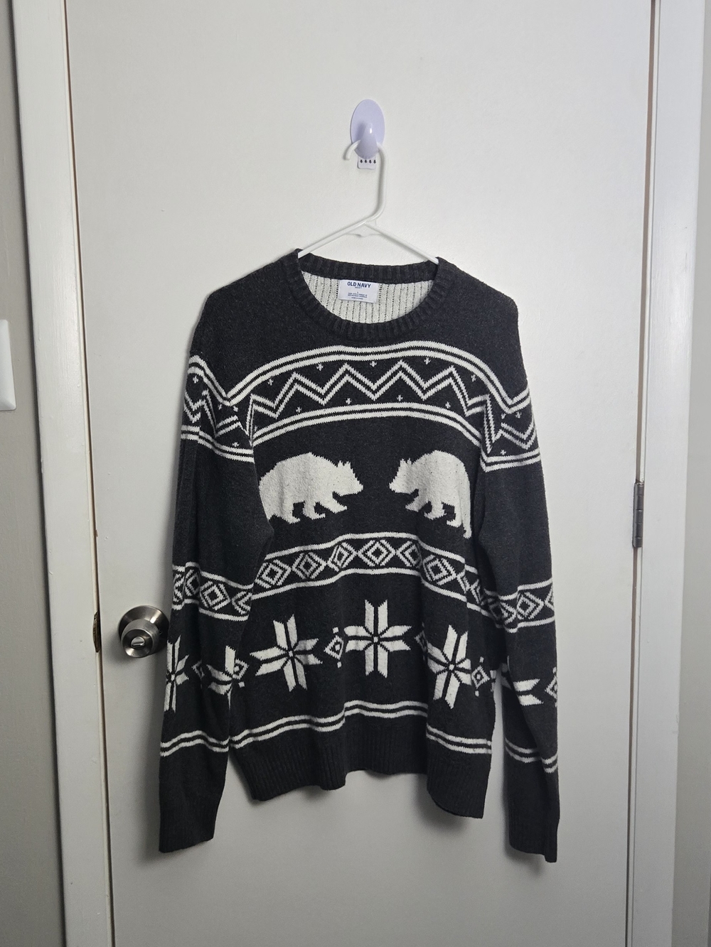 Old Navy Black and White Bear Fair Isle Crewneck Sweater - Men